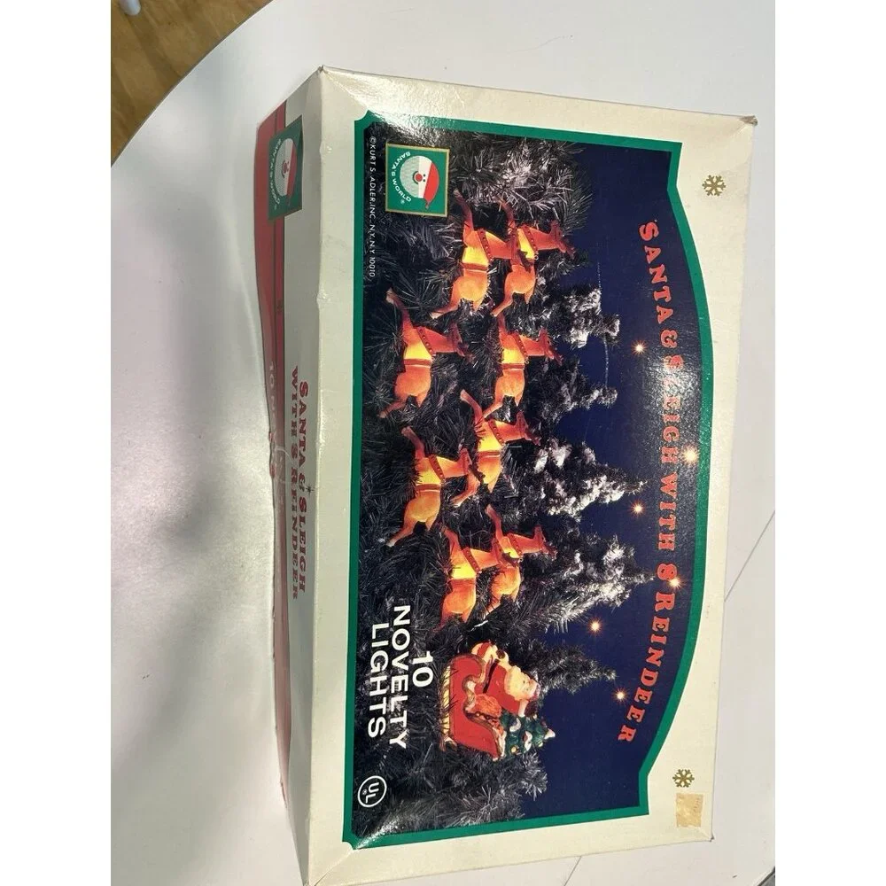 VTG Kurt Adler Santa Sleigh W/ 8 Reindeer 10 Novelty Christmas Lights + Box